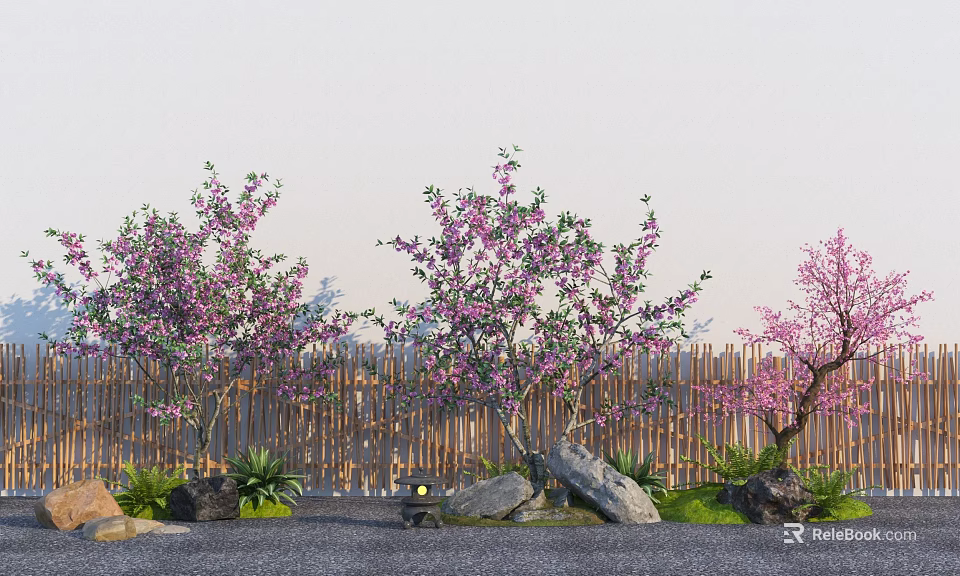 Flowering Trees With Purple Pink Blossoms By Wooden Fence Stones Lights And Greenery 3d model 