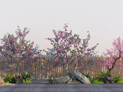 Flowering Trees With Purple Pink Blossoms By Wooden Fence Stones Lights And Greenery 3d model