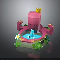 Cute Pink Octopus Shaped Fountain With Crown Green Leaves And White Flowers Water Flowing Design