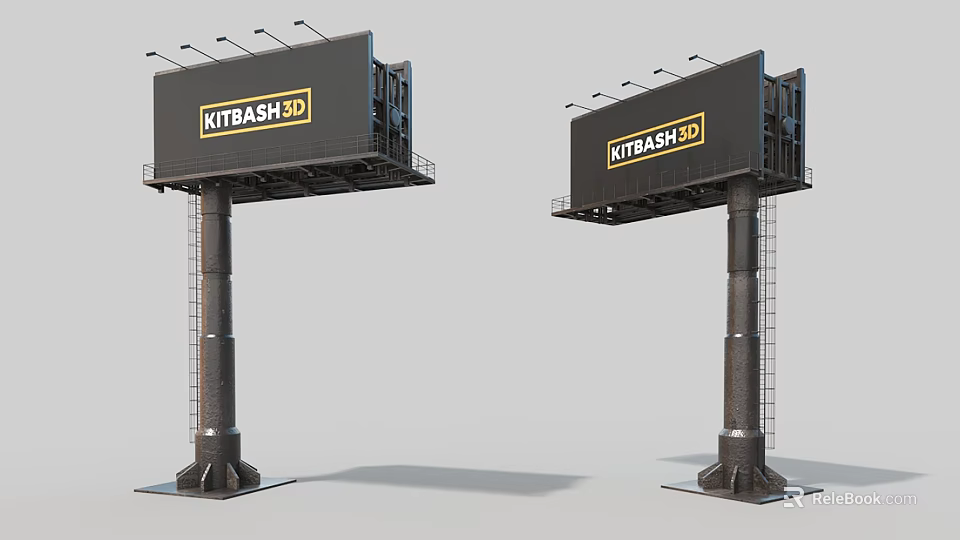Outdoor Public Facility Two Large Billboards With Metal Poles Displaying KITRASH3D Text 3d model 