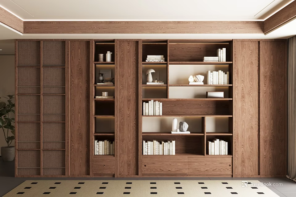 Japanese Style Wooden Bookcase with Multiple Shelves Books Decorations and Tea Sets 3d model 
