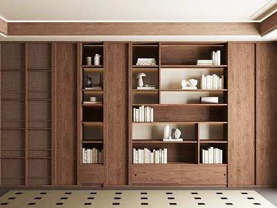 Japanese Style Wooden Bookcase with Multiple Shelves Books Decorations and Tea Sets 3d model