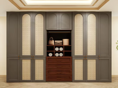 Modern Gray Wardrobe With Beige Lattice Door Panels Open Storage Shelf Drawers And Decor Items 3d model