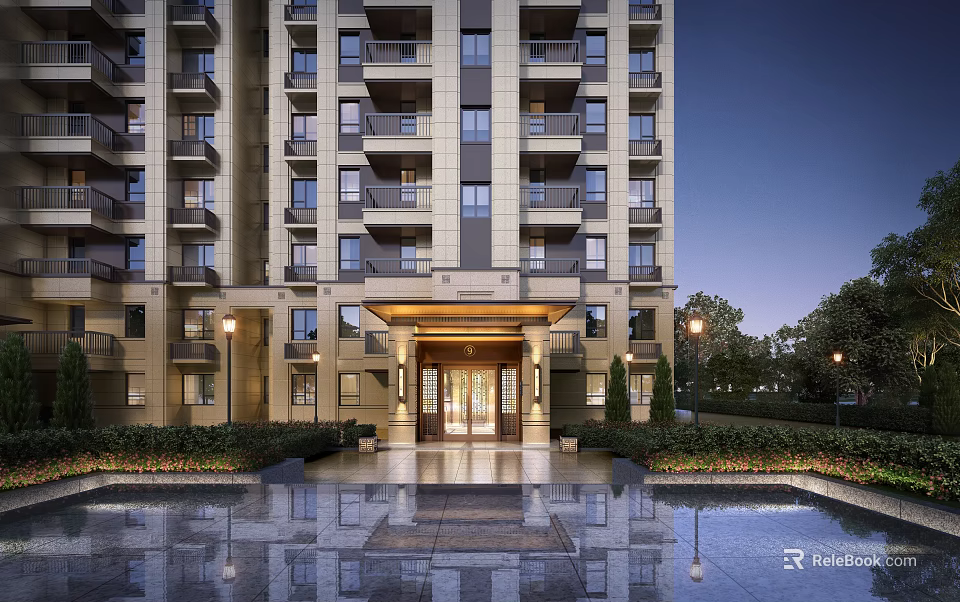 Modern Residential Building Facade With Grand Entrance And Reflecting Pool 3d model 