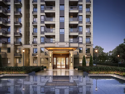 Modern Residential Building Facade With Grand Entrance And Reflecting Pool 3d model