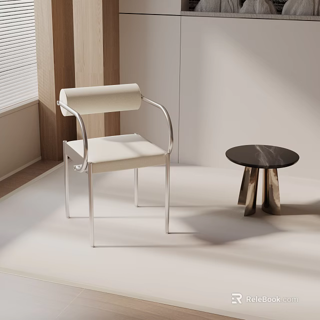 Modern White Leisure Chair With Metal Frame Rolled Backrest And Small Side Table 3d model 