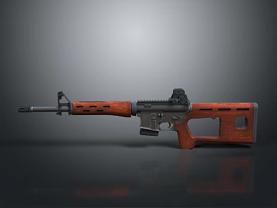 3D Model Modern Rifle With Wooden Stock Black Metal Barrel And Magazine 3d model