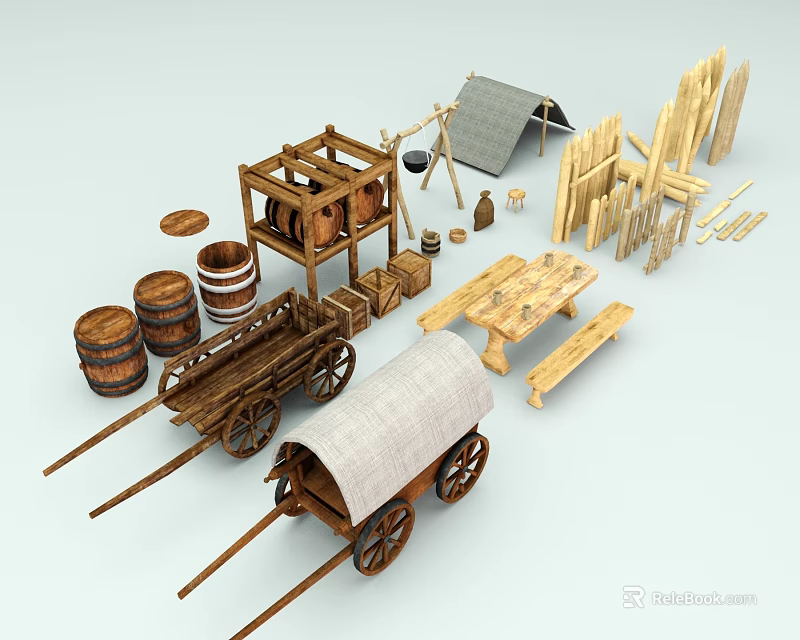Garden Ornaments Featuring Wooden Barrels Carts Table Benches Fences And Tent 3d model 