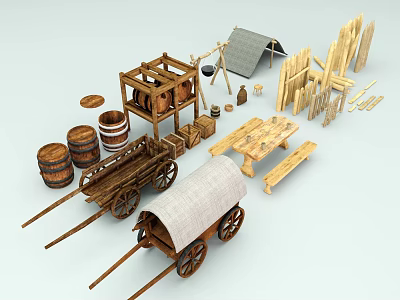 Garden Ornaments Featuring Wooden Barrels Carts Table Benches Fences And Tent 3d model