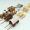 Garden Ornaments Featuring Wooden Barrels Carts Table Benches Fences And Tent