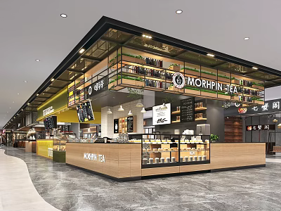 Modern Mall Hall Interior With MORRIN SEA Cafe Wooden Counter And Display Shelves 3d model