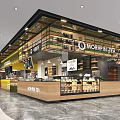 Modern Mall Hall Interior With MORRIN SEA Cafe Wooden Counter And Display Shelves