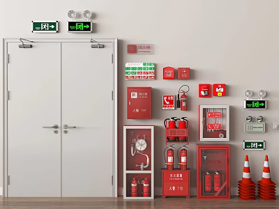 Essential Fire Safety Equipment With Extinguishers Hydrants Emergency Lights Exit Signs And Cabinets 3d model