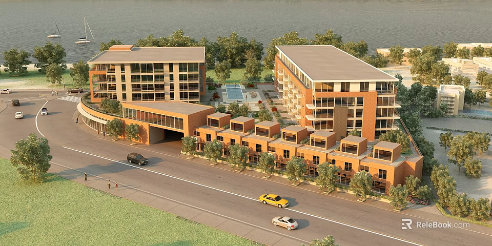Modern Commercial Complex With Multi Story Buildings Green Spaces And Riverside Location 3d model 