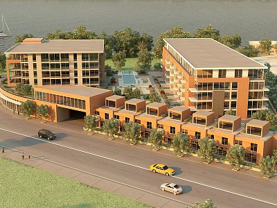 Modern Commercial Complex With Multi Story Buildings Green Spaces And Riverside Location 3d model