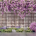 Purple Flowering Vines Decorating Bamboo Fence In Garden With Greenery And Seating