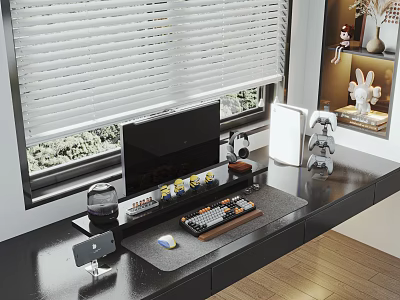 Modern Computer Workstation Setup With Monitor Keyboard Headphones And Desktop Accessories 3d model