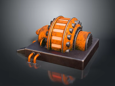 Industrial Orange Mechanical Drum With Black Bolted Surface And Metallic Base 3d model