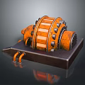 Industrial Orange Mechanical Drum With Black Bolted Surface And Metallic Base