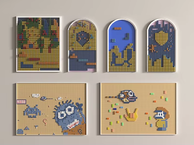 Creative Background Wall Decor With Pixel Art Cartoon Characters And Arch Shapes 3d model