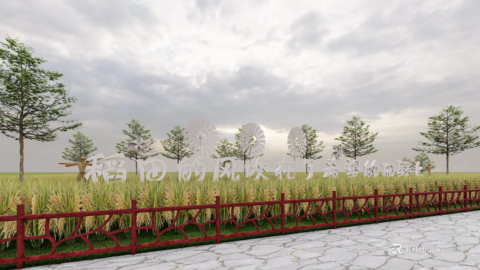 Decorative Red Railing Along Rice Field With Trees And Cloudy Sky 3d model 