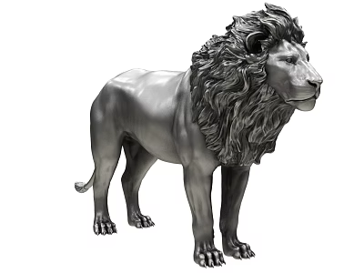 Metallic Lion Statue With Detailed Mane In Standing Pose For Decor 3d model