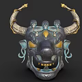 Ornate Bull Head Mask With Metallic Finish And Yellow Eyes Decorative Design