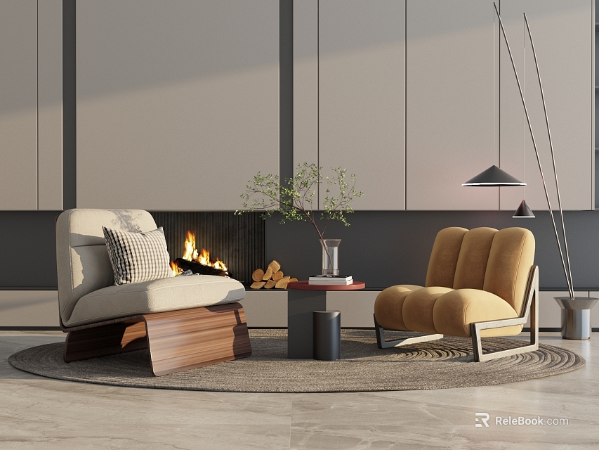 Modern Living Room Chair Table Set With Beige Orange Chairs Wooden Table Fireplace And Green Plant 3d model 
