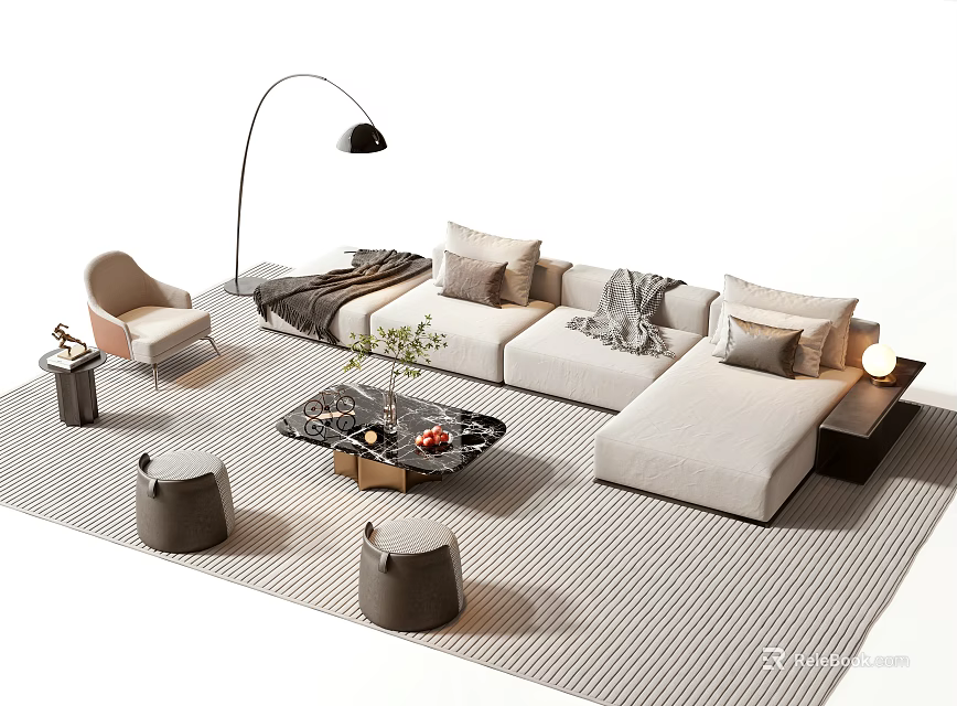 Sofa And Coffee Table Set With Floor Lamp Armchair Pillows Striped Rug And Stools 3d model 