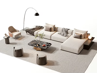 Sofa And Coffee Table Set With Floor Lamp Armchair Pillows Striped Rug And Stools 3d model
