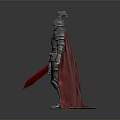 Medieval Man In Silver Armor With Red Cape And Red Sword Standing 3d model