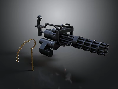 Black Mechanical Gatling Gun With Ammunition Belt Military Weapon Equipment 3d model