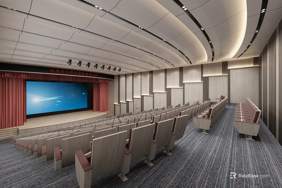 Spacious Modern Conference Room With Rows Of Seats Large Screen And Red Curtains 3d model 