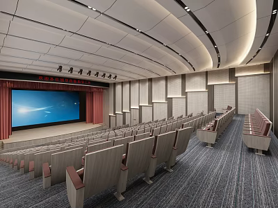 Spacious Modern Conference Room With Rows Of Seats Large Screen And Red Curtains 3d model