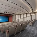 Spacious Modern Conference Room With Rows Of Seats Large Screen And Red Curtains