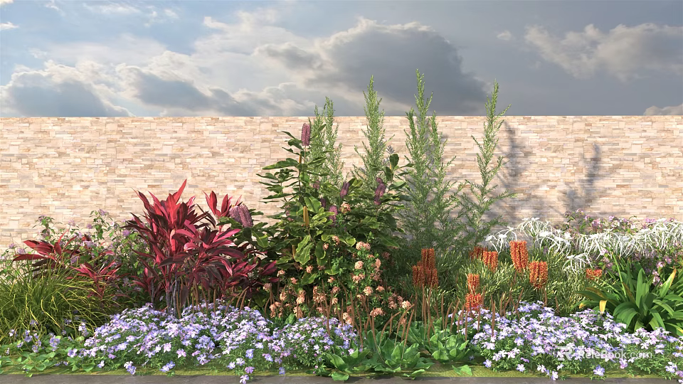 Vibrant Garden Shrubs With Red Purple Green Foliage And Brick Wall Background 3d model 