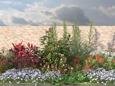 Vibrant Garden Shrubs With Red Purple Green Foliage And Brick Wall Background 3d model