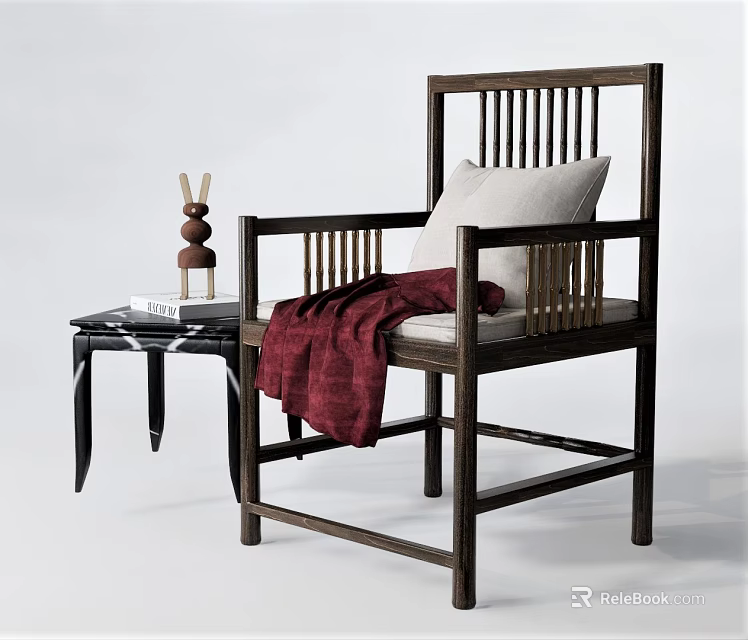 Elegant Wooden Slatted Back Leisure Chair with Beige Cushion Red Throw and Side Table 3d model 