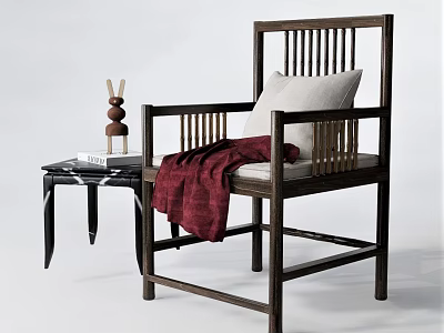Elegant Wooden Slatted Back Leisure Chair with Beige Cushion Red Throw and Side Table 3d model