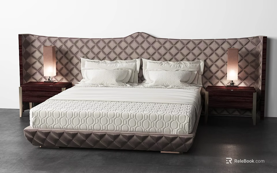 Elegant Double Bed With Diamond Pattern Headboard And Bedside Table Lamps 3d model 