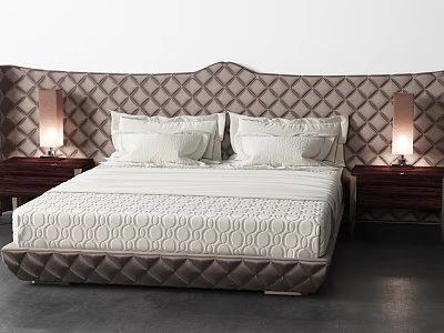 Elegant Double Bed With Diamond Pattern Headboard And Bedside Table Lamps 3d model