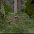 Sunlit Garden Landscape With Stone Path Wooden Gate Lush Greenery Purple Flowers And Mossy Ground