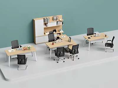 Modern Office Workspace With Multiple Desks Black Chairs And Shelves With Books Decorations 3d model