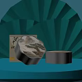 Chinese Style Opened Box With Landscape Design And Cylindrical Container On Blue Fan Background