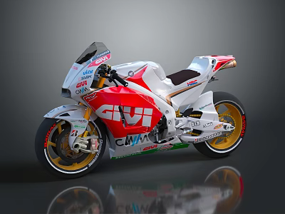 White Racing Motorcycle With Red GIVI CAVAX Graphics Gold Wheels And Streamlined Sport Design 3d model