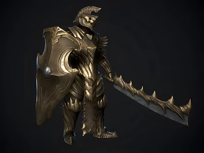 Golden Ornate Medieval Armor with Detailed Decorative Shield and Sword 3d model