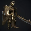 Golden Ornate Medieval Armor with Detailed Decorative Shield and Sword