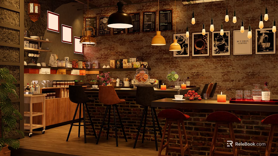 Cozy Café Interior With Brick Wall Pendant Lights Bar Counter And Decorative Paintings 3d model 