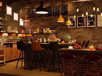 Cozy Café Interior With Brick Wall Pendant Lights Bar Counter And Decorative Paintings 3d model