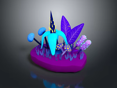 Colorful Plants with Blue Mushroom Shapes Large Purple Leaves and Purple Dotted Small Flowers 3d model